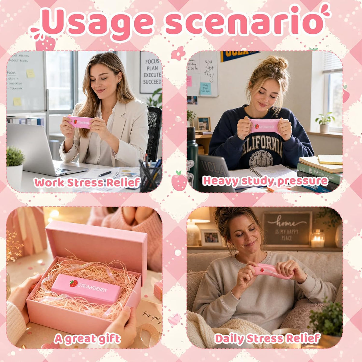 A pink promotional collage with the headline 'Usage scenario' and four lifestyle panels showing a woman using a small pink handheld device for stress relief, study support, gift packaging, and daily relaxation. Text labels each scene: 'Work Stress Relief,' 'Heavy study pressure,' 'A great gift,' and 'Daily Stress Relief.