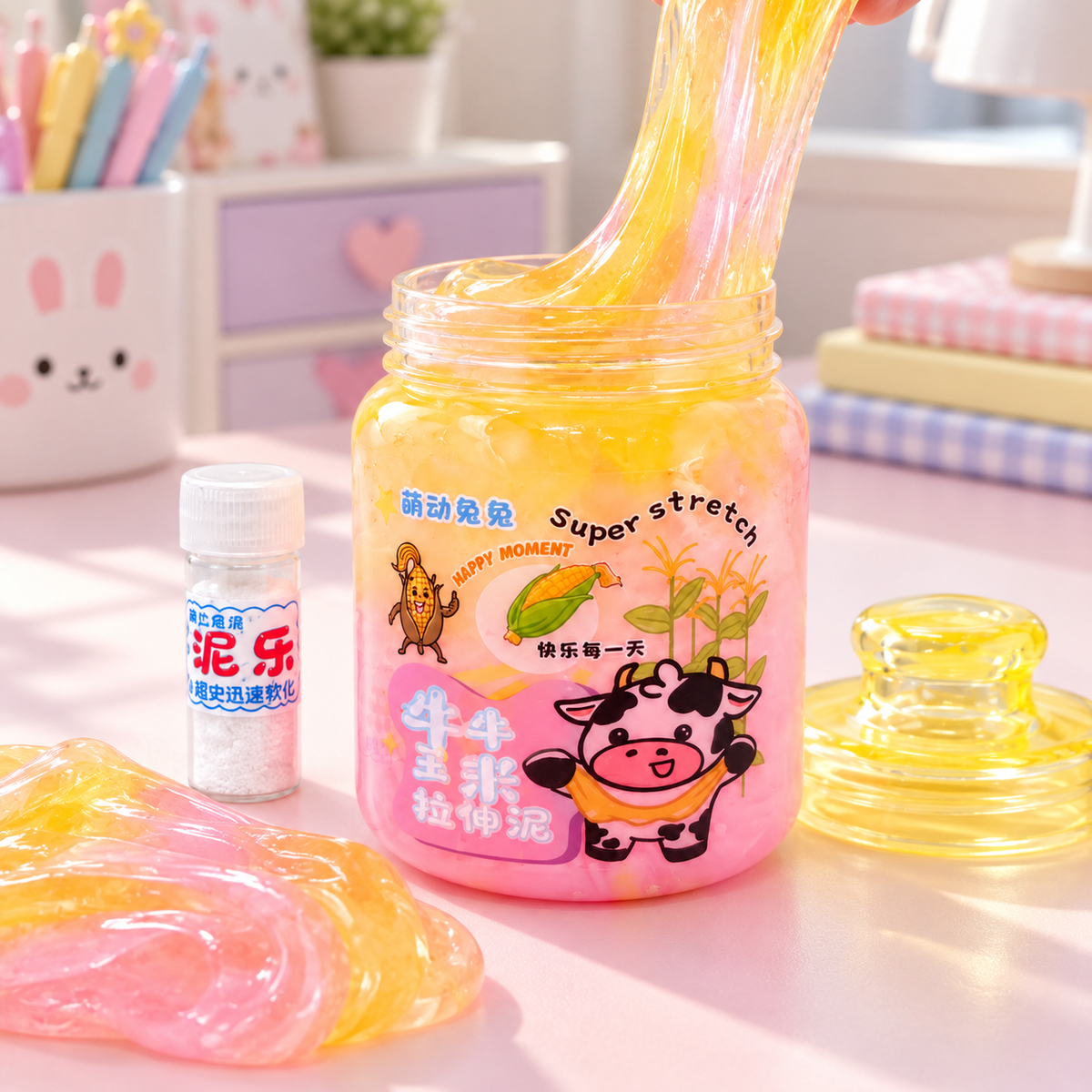 A jar of stretchy slime with a cartoon cow label, shown with pulled yellow-orange slime, a small bottle of white powder, and a glass lid on a pastel desk setup.