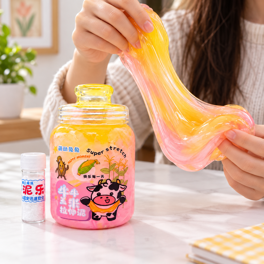 A person stretches a translucent yellow and pink slime above a pink jar labeled 'Super stretch' with cartoon graphics, on a light tabletop with a small white bottle beside it.