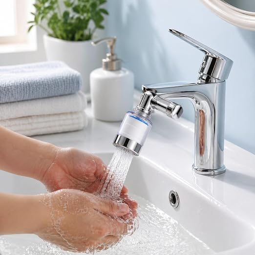 A chrome faucet with an attached cylindrical water filter nozzle spraying water into a white sink, with a person's hands washing underneath. A soap dispenser, folded towels, and a potted plant are visible in the background.