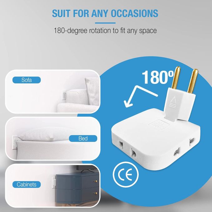 White 7AGAT 180-degree swivel socket converter for electronics, compact power adapter suitable for home, office, and travel.