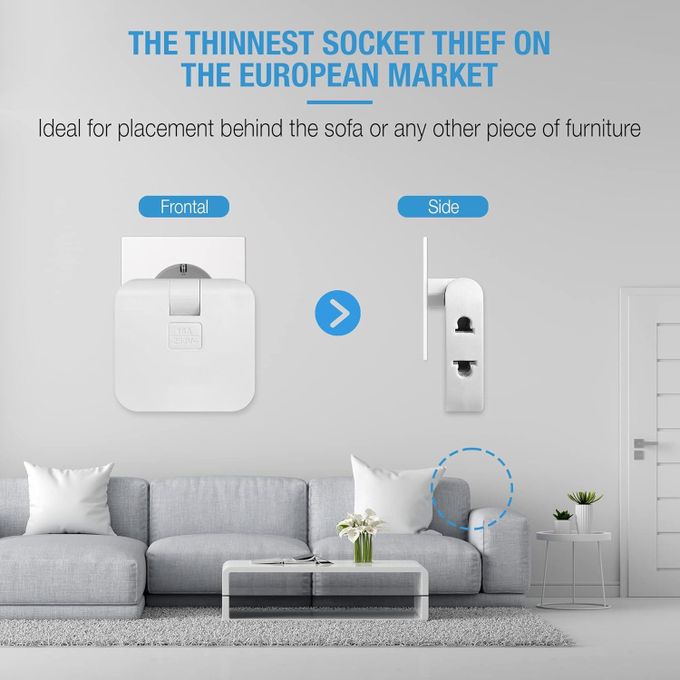 White 7AGAT 180-degree swivel socket converter for home, office, and travel, compact power adapter with versatile design.
