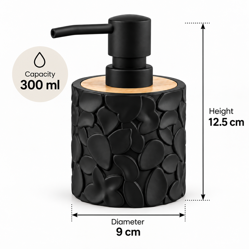 Black pebble-textured pump dispenser with a light wood top, shown with dimension labels indicating 9 cm diameter, 12.5 cm height, and 300 ml capacity on a white background.