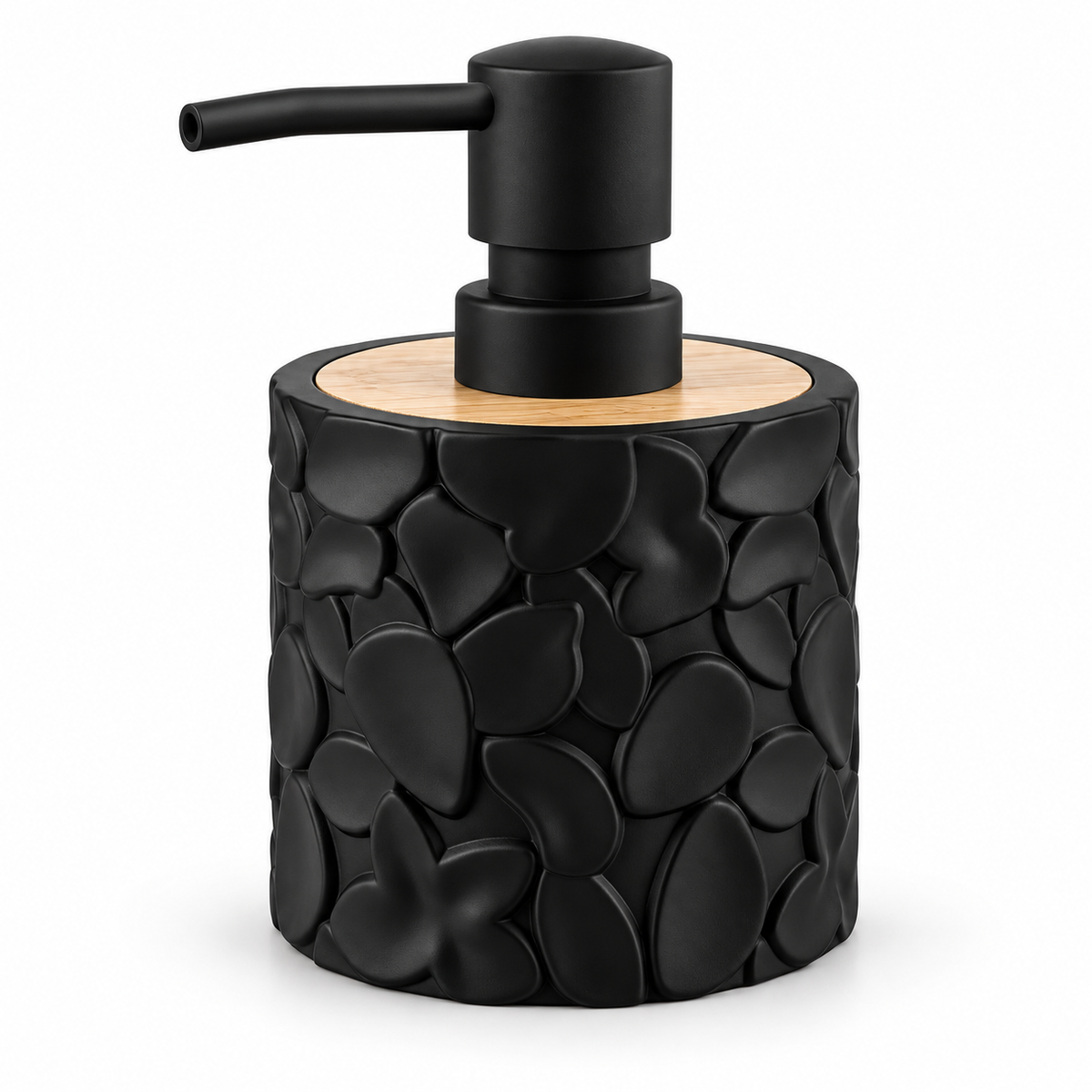A modern cylindrical soap dispenser with a matte black pump and a textured black pebble-pattern body, featuring a light natural wood top band, shown on a clean white background.