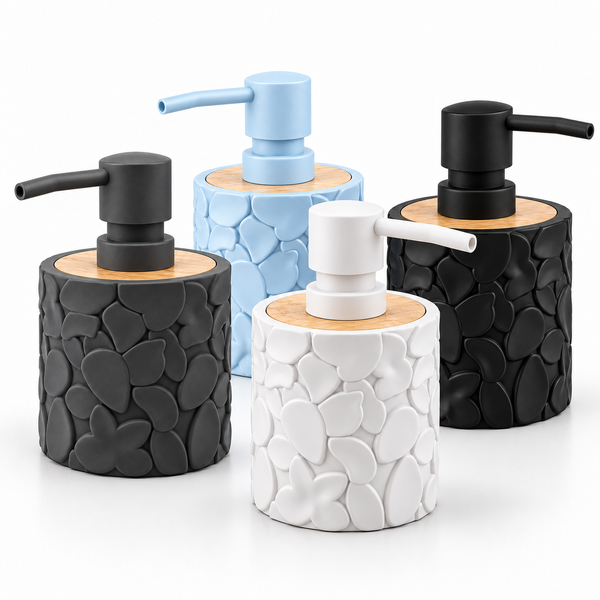 Four decorative pump bottles with a textured stone pattern, arranged on a white background. Two bottles are black, one is light blue, and one is white, each featuring a light wood-toned collar and a pump dispenser with a black, white, or light blue head.