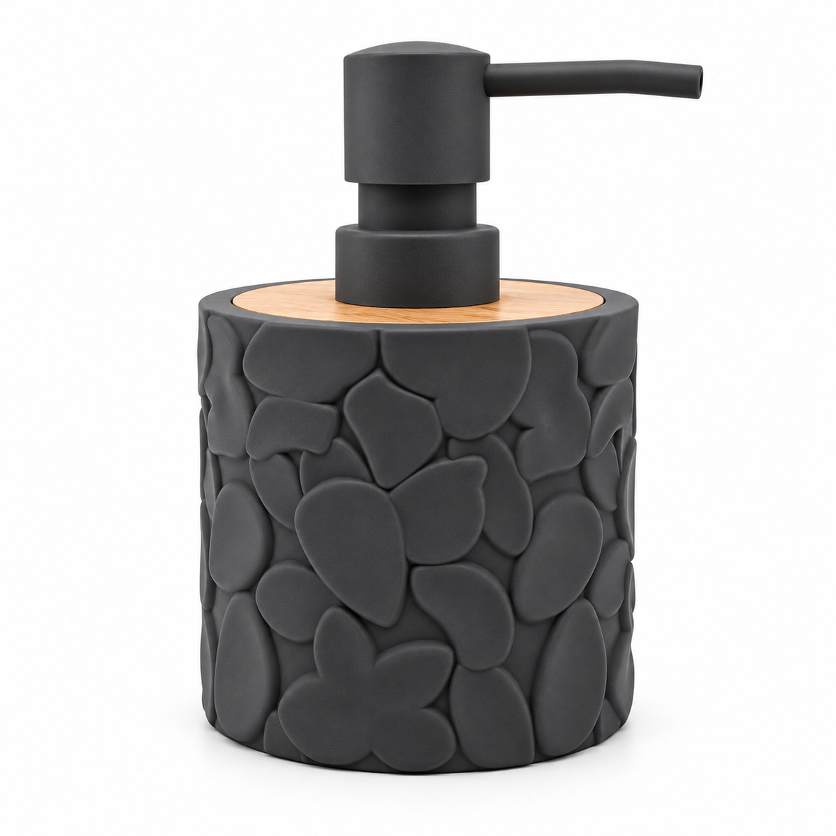 A dark gray textured soap dispenser with a pebble-stone pattern and a matte black pump, set against a plain white background.