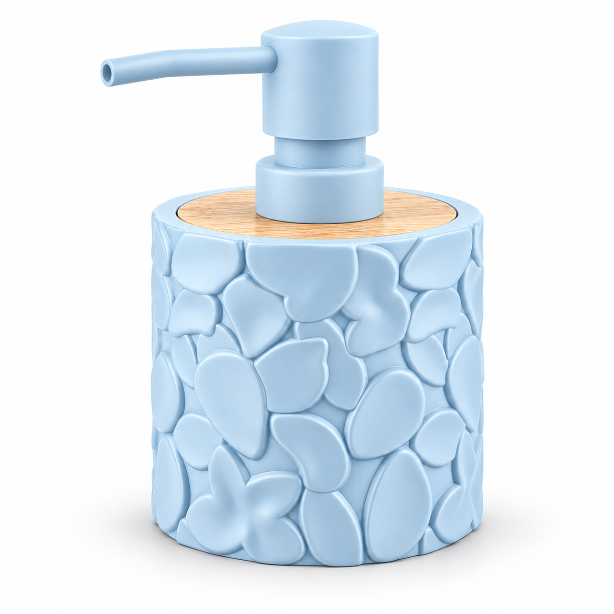 A light blue bathroom soap dispenser with a textured, pebble-stone pattern body, a light wood top, and a matching light blue pump, shown on a white background.