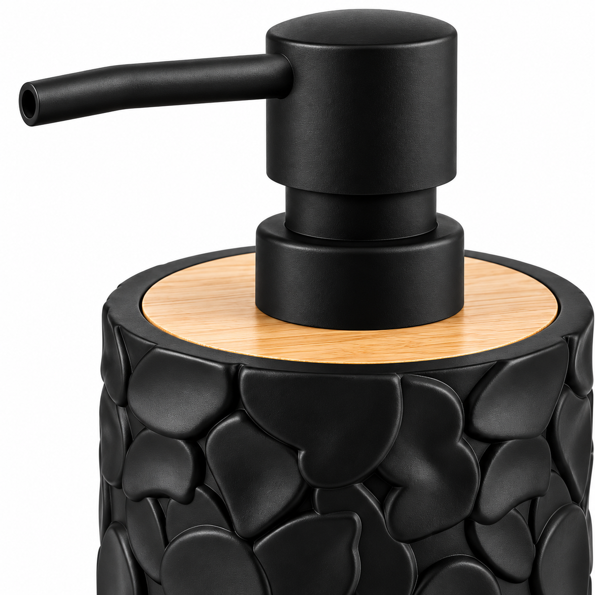 A close-up of a black pump dispenser with a matte finish, featuring a textured, pebble-like patterned base and a light natural wood circular top insert.