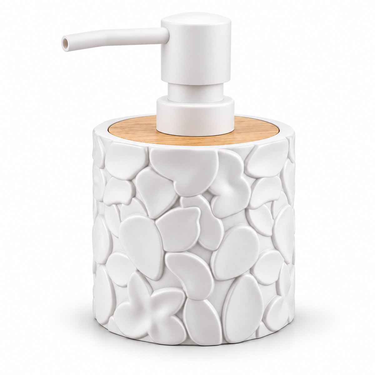 A white ceramic soap dispenser with a textured, pebble-like pattern on the body, a light natural wood top, and a matching white pump, shown on a clean white background.