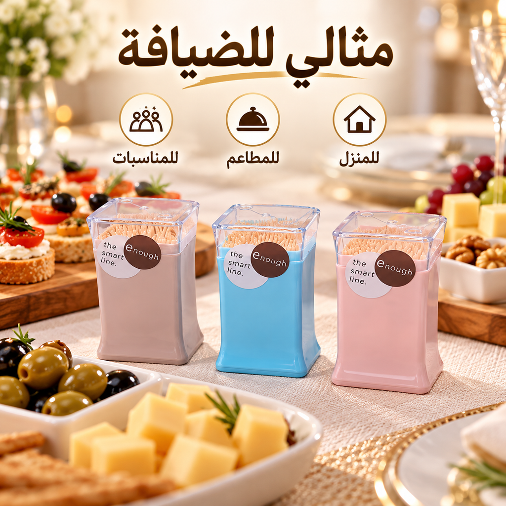 Three smart food storage containers in beige, blue, and pink, displayed on a dining table surrounded by appetizers and cheese. Arabic text and icons highlight the benefits of the containers for home, restaurant, and hotel use.