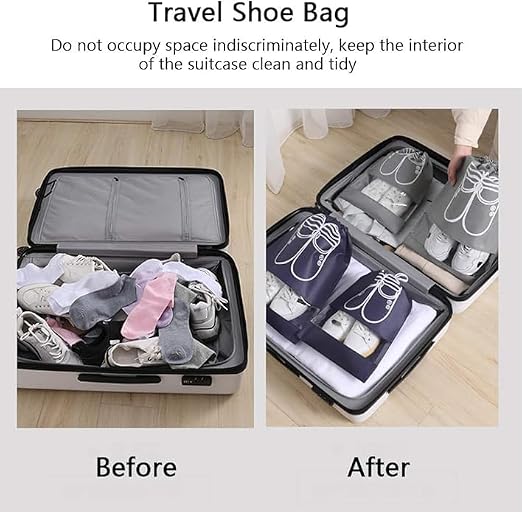 7AGAT Shopping travel shoe bags showing organized luggage before and after packing
