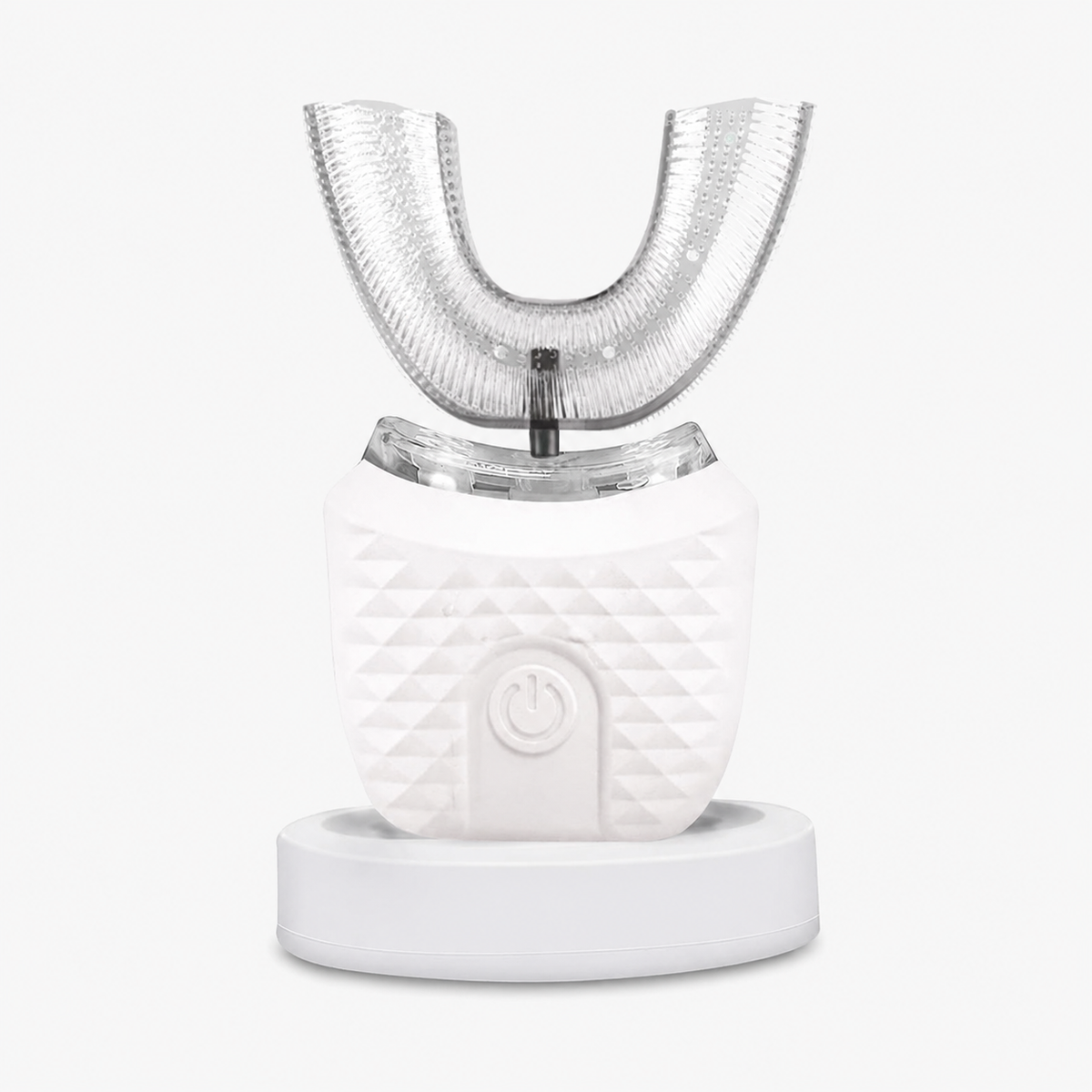A white and clear electric oral irrigator with a textured white base and a transparent U-shaped mouthpiece, shown on a clean white background.