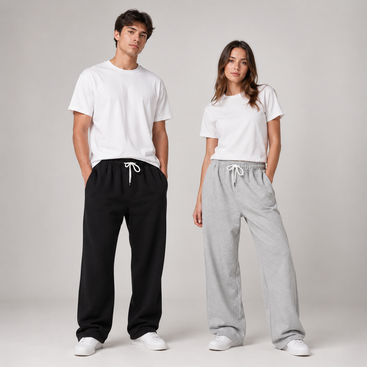 A man and a woman modeling plain white t-shirts and drawstring sweatpants against a light gray studio background. The man wears black sweatpants, and the woman wears light gray sweatpants.7AGAT Shopping unisex melton wide leg sweatpants in black and grey colors