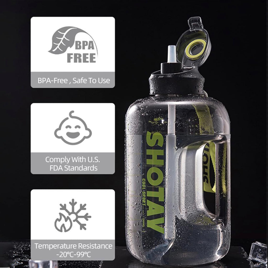 Clear water bottle with black cap and 'SHOTAY' branding on a dark background