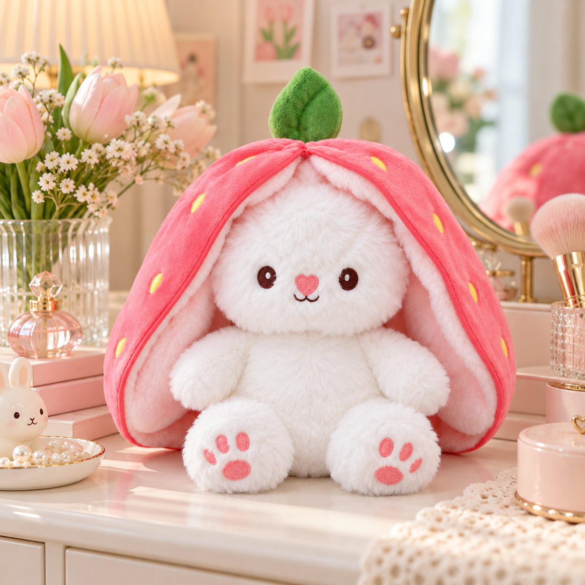 A white plush bunny toy sitting on a vanity table, wearing a pink strawberry-shaped hood with green leaves and yellow seed details. The scene is styled with pink tulips, a mirror, and soft decorative objects in a bright, pastel room.