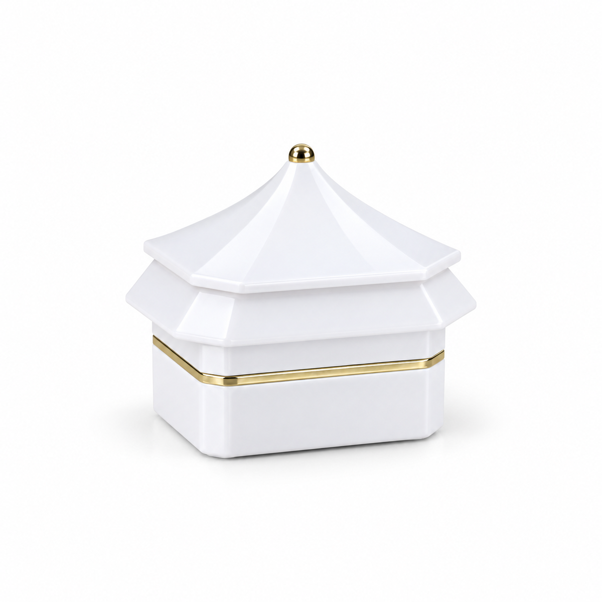 A white ceramic jewelry box with a tiered pagoda-style lid and gold trim details, shown on a clean white background.