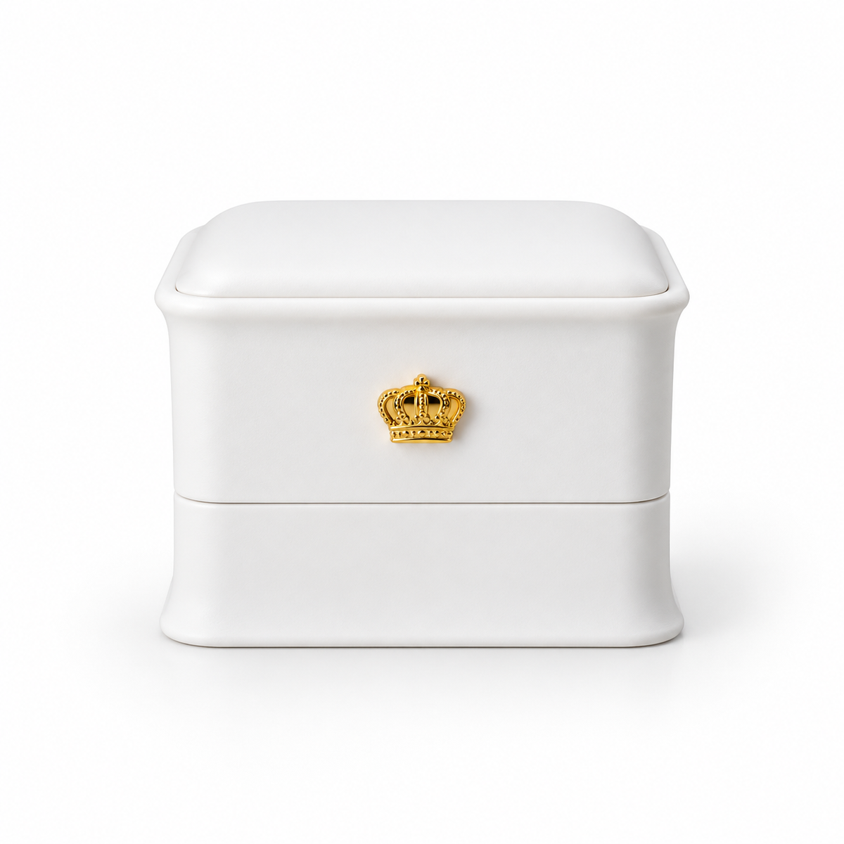 A white two-tier jewelry box with a small gold crown emblem on the front, set against a clean white background.