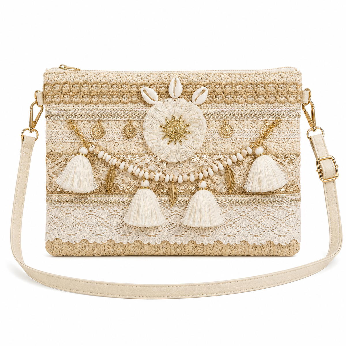 A beige and cream crocheted clutch bag with gold-tone hardware, featuring a central embroidered sun motif, dangling tassels, and a matching shoulder strap on a white background.