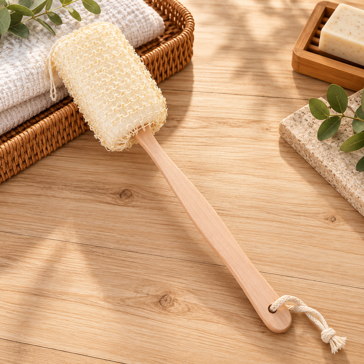 A natural bamboo-handled loofah soap brush with a white rope tassel, resting on a light wood surface next to a woven basket with folded towels.