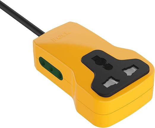 A yellow and black UK three-pin wall plug adapter with a black power cord, shown on a plain white background.
