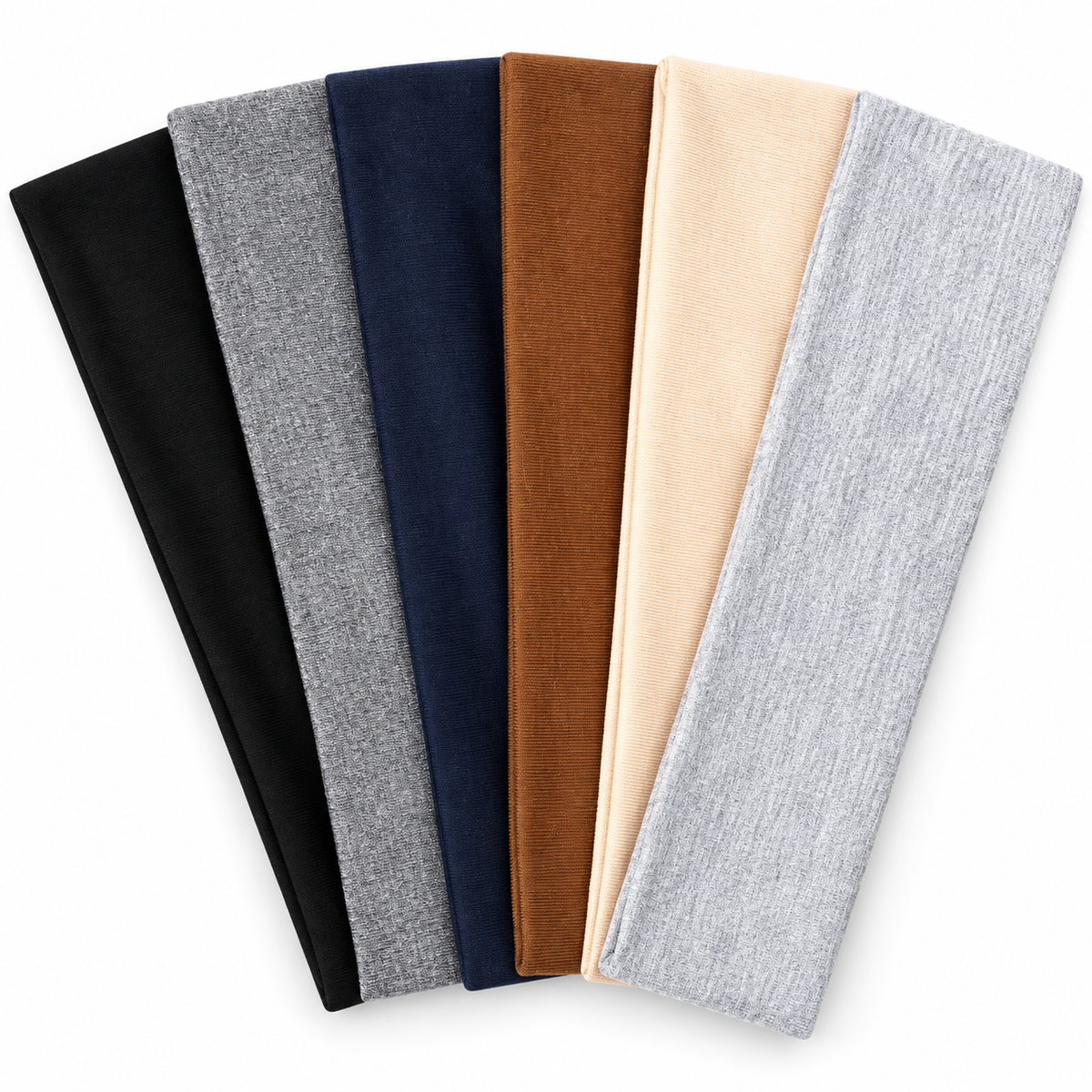 Five fabric headbands in different colors are arranged in a fan shape on a white background. The colors are black, heather gray, navy blue, brown, cream, and light heather gray.