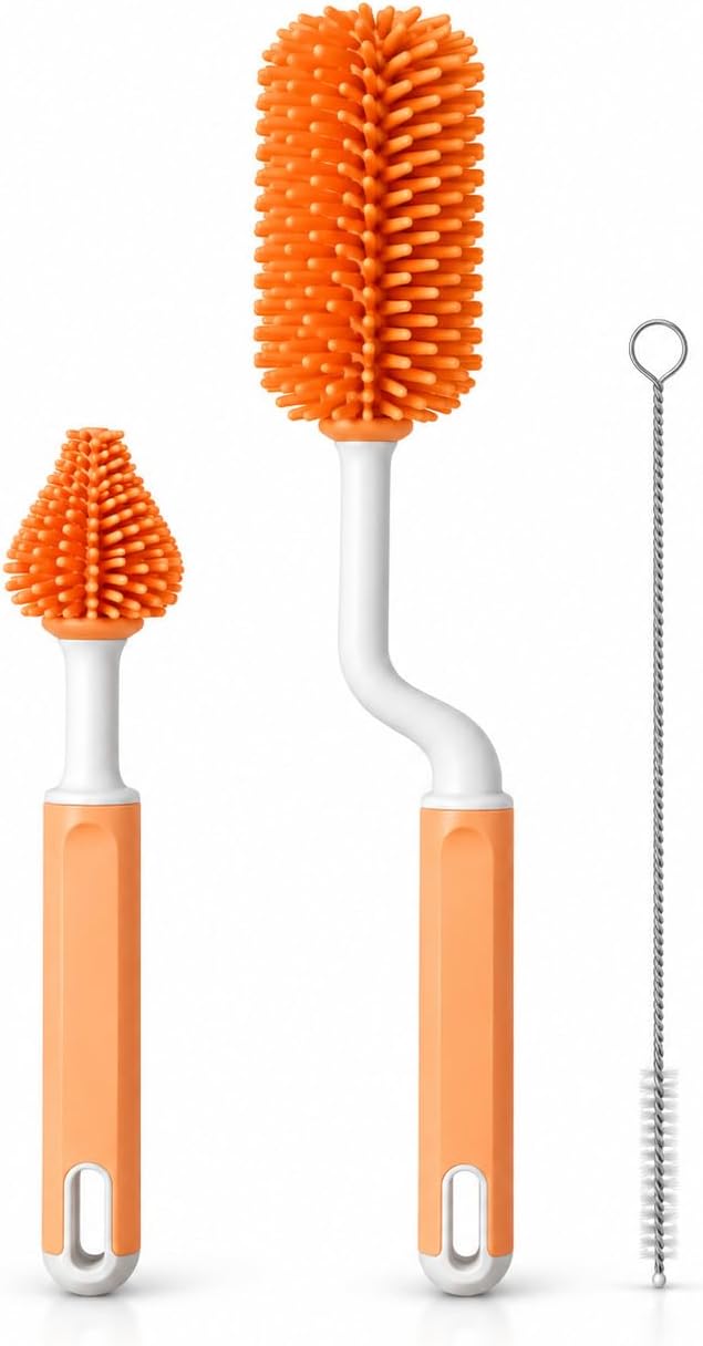 7agat Shopping - 3-piece silicone bottle cleaning brush set in orange, featuring a long bottle brush, small cleaning brush, and stainless steel straw brush.