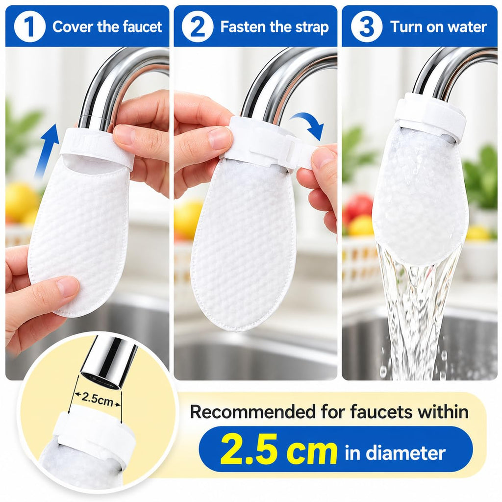 7agat Shopping - White faucet filter bags showing easy installation steps, adjustable fastening straps, and compatibility with different faucet outlets.