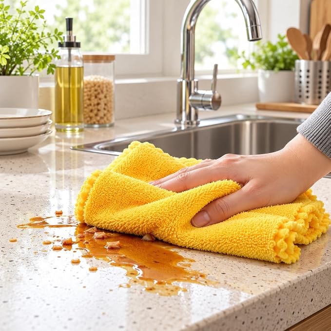 7agat Shopping - Yellow microfiber cleaning cloth being used to wipe a kitchen countertop, suitable for absorbing spills and everyday surface cleaning.