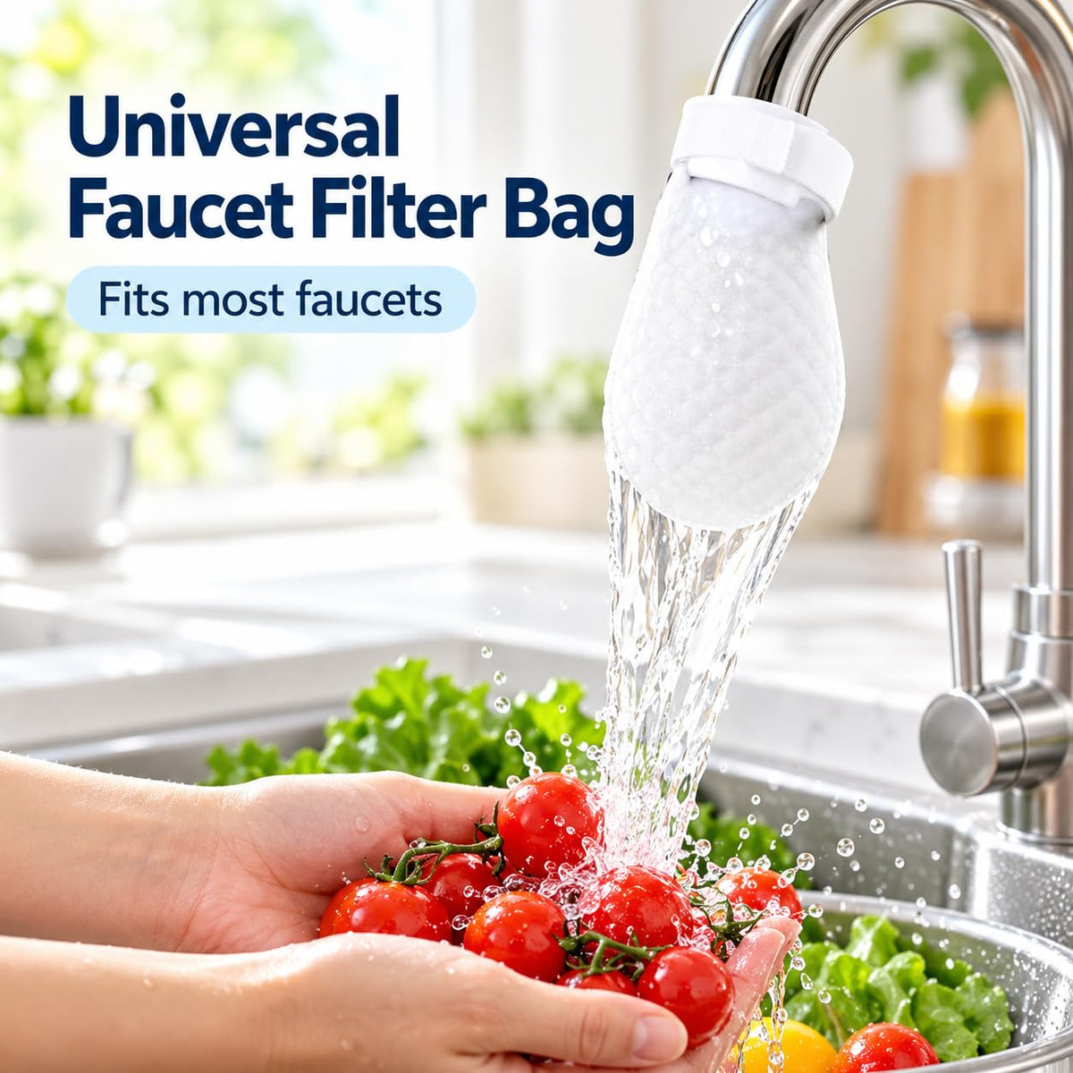 7agat Shopping - White mesh faucet filter bag attached to a kitchen tap, shown above fresh vegetables during kitchen sink use.