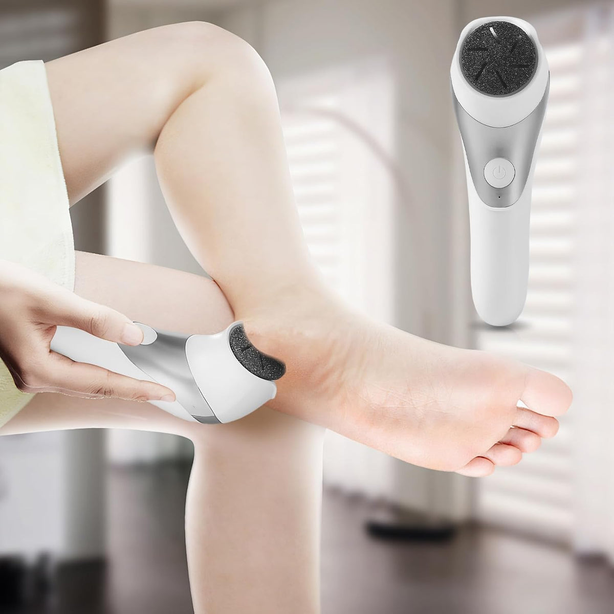7AGAT electric foot grinder in white and silver being used to remove calluses from heel and sole for skin care.