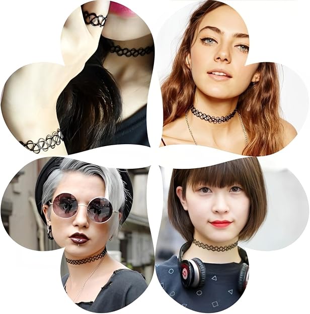 Black tattoo choker jewelry set including stretch necklace, bracelet, and ring by 7AGAT, styled with casual fashion accessories.