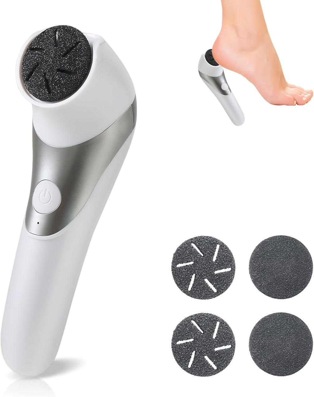 Electric foot grinder with two speeds, rechargeable callus remover tool for heel and sole skin care in white and silver.