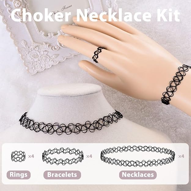 Black tattoo choker jewelry set including a stretch necklace, bracelet, and ring from 7AGAT, perfect for casual fashion styling.