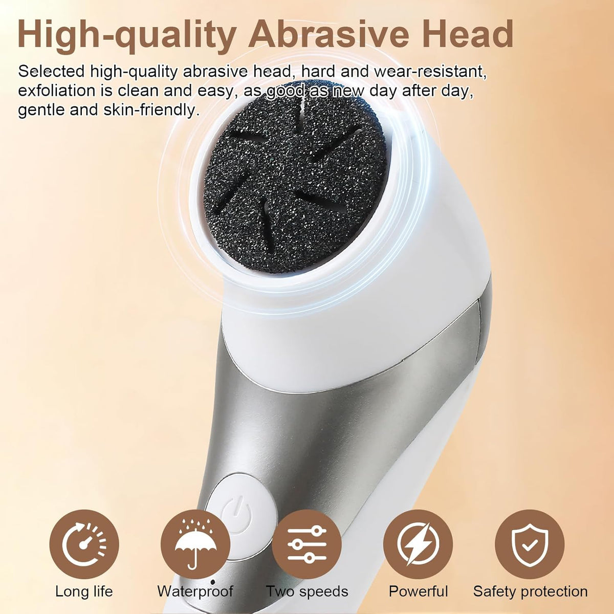 7AGAT electric foot grinder with abrasive head, white and silver, rechargeable callus remover for heel and sole skin care.