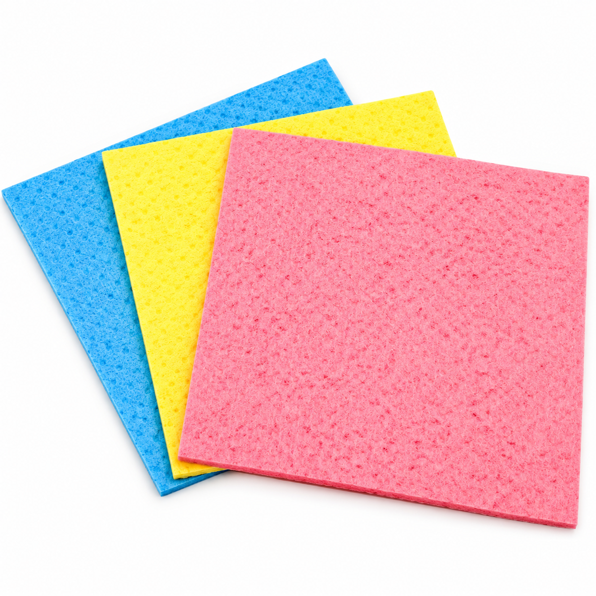Three square textured  in pink, yellow, and blue, stacked diagonally on a white background.