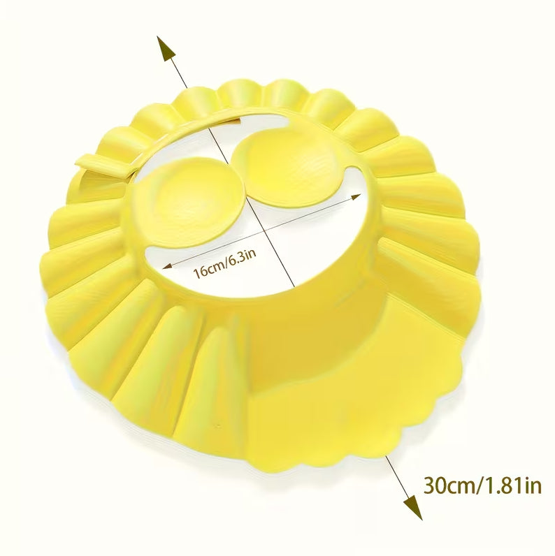 Yellow adjustable kids shower cap by 7AGAT with water-resistant EVA material and ear protection for comfortable baby hair washing.