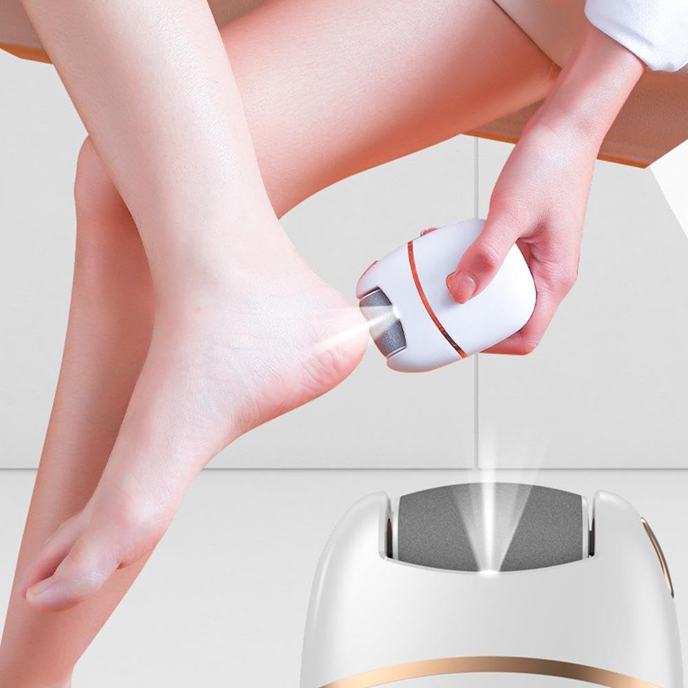 7AGAT USB rechargeable electric foot file with LED light and two-speed callus remover for smooth, soft feet during use.