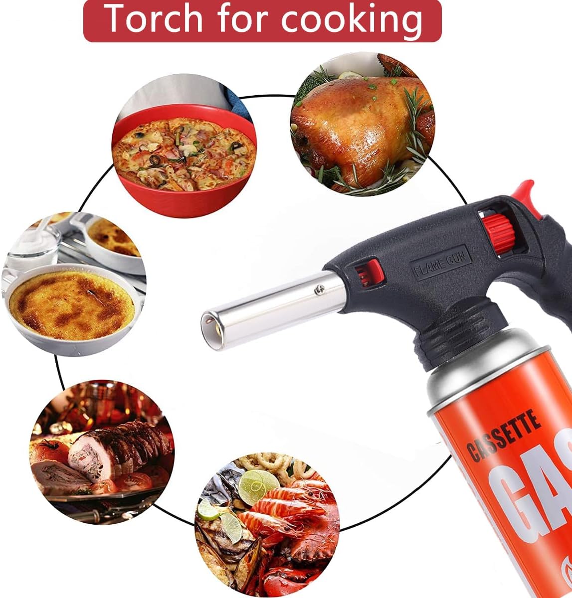 7AGAT portable gas torch with electronic ignition, ideal for kitchen, BBQ, dessert, and craft use, shown in a cooking setting.