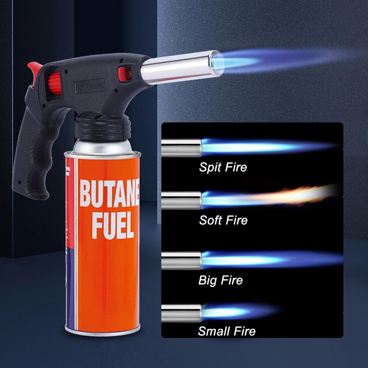 7AGAT portable gas torch with electronic ignition, showing adjustable flame modes for kitchen, BBQ, dessert, and craft use.
