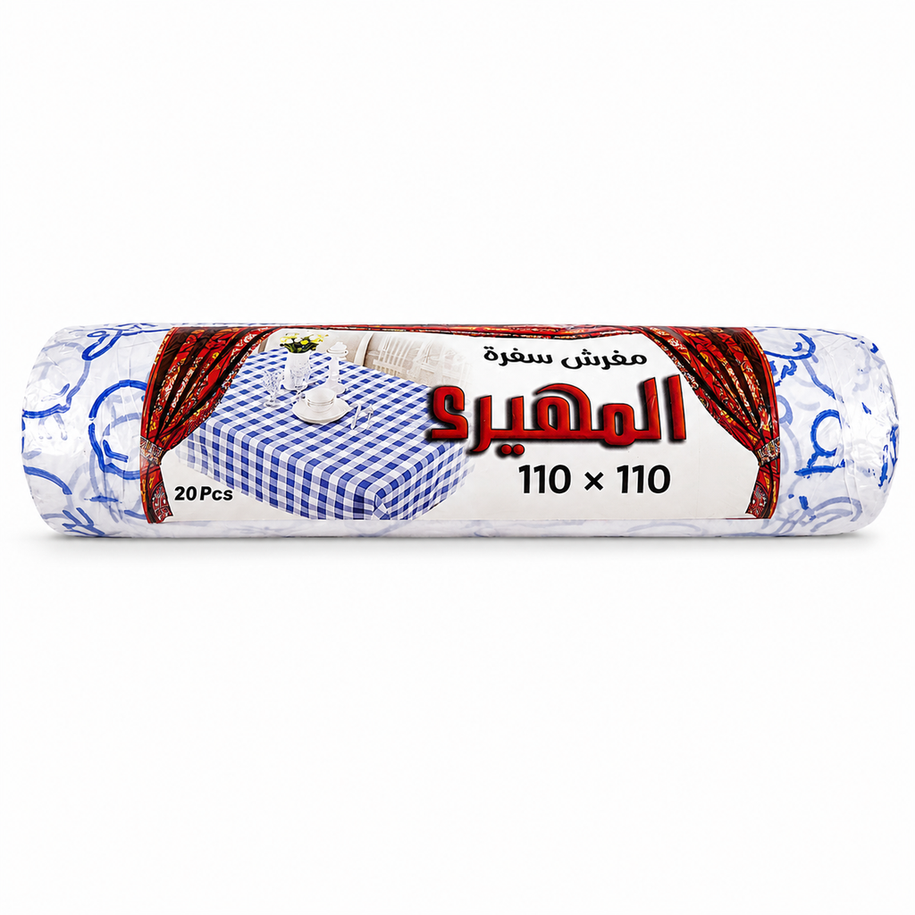 A roll of white tablecloths with blue gingham patterns and printed red curtains, labeled '110 x 110' and '20 PCS' in Arabic text.
