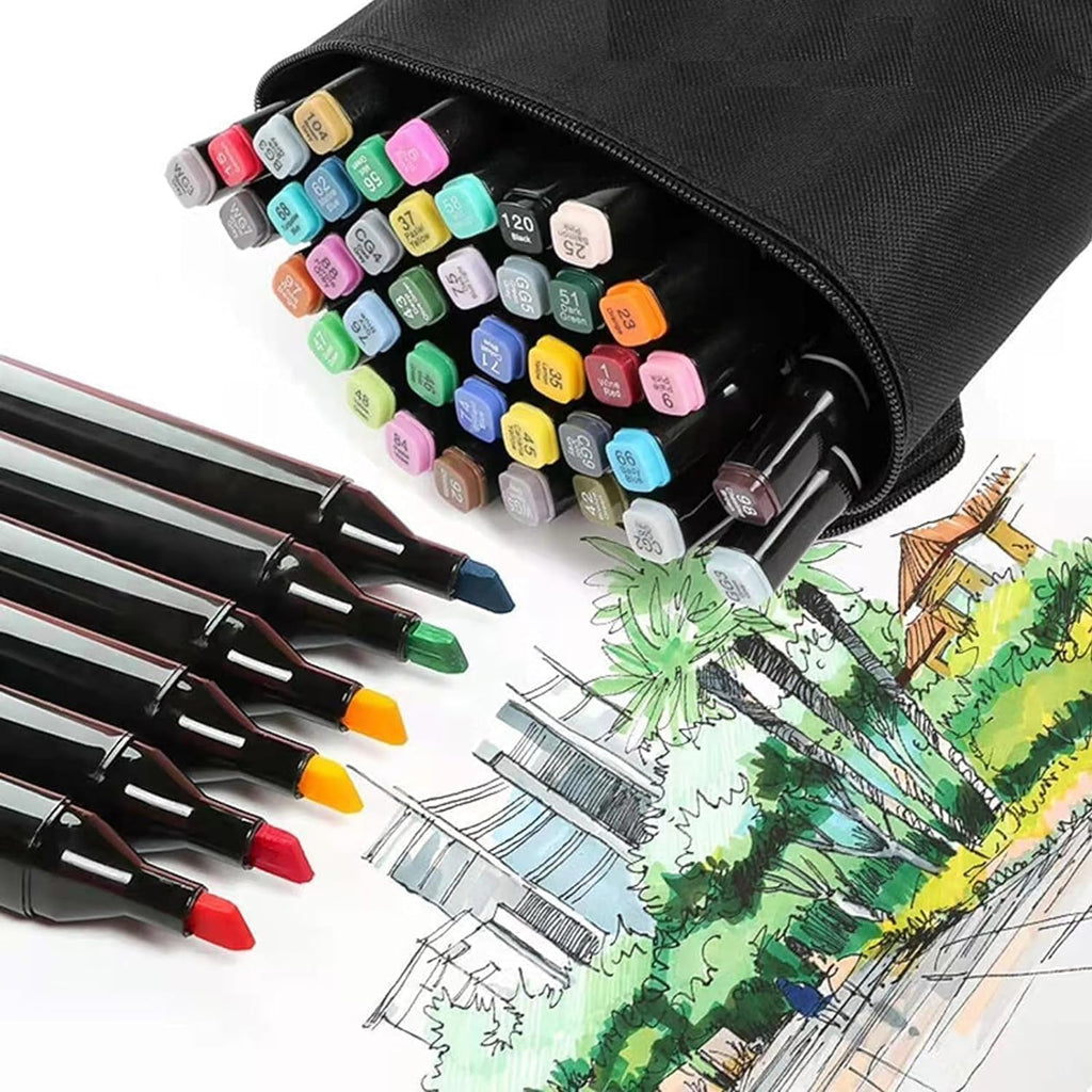 7AGAT Art Marker Set with 24 multicolor brushes and chisel tips, ideal for vibrant coloring and artistic projects.