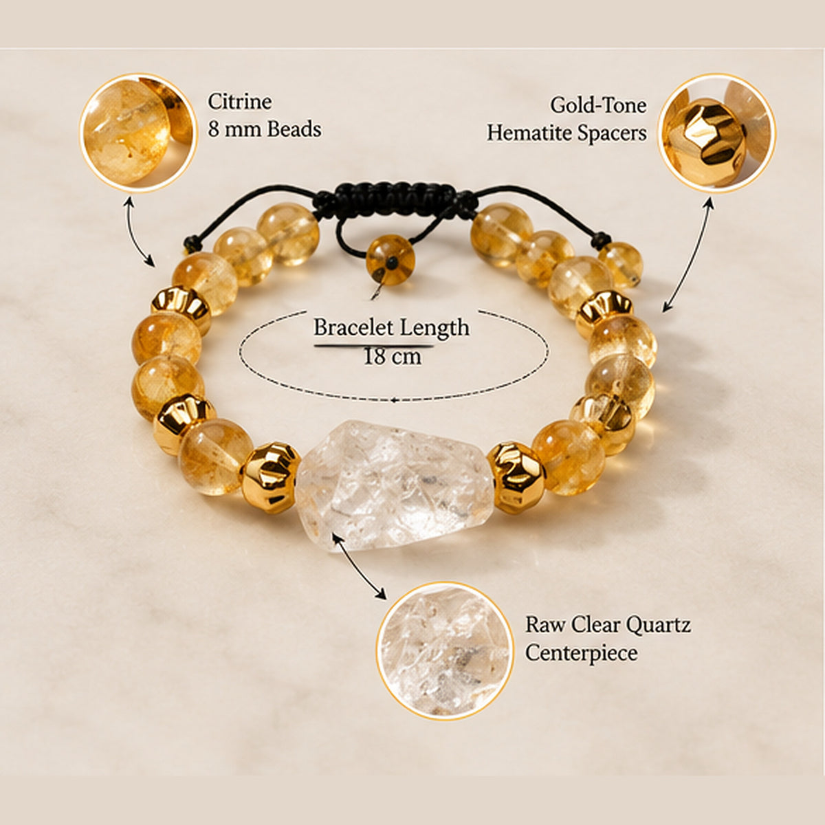 7agat citrine bracelet specifications showing 8 mm beads, 18 cm length, clear quartz and gold-tone hematite
