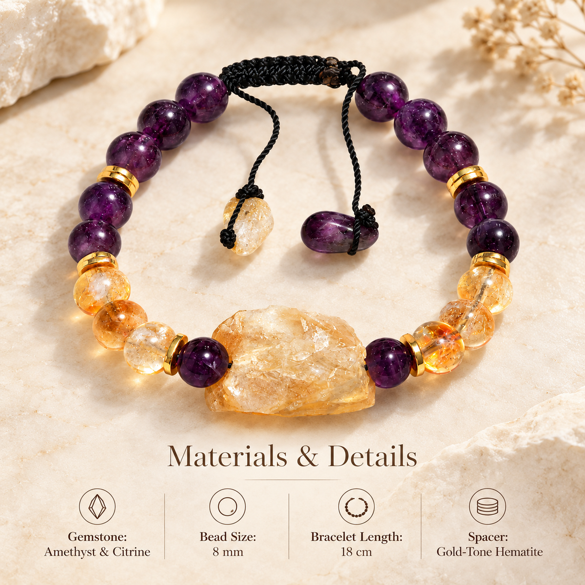 7agat amethyst and citrine bracelet specifications showing 8 mm gemstone beads and 18 cm bracelet length.