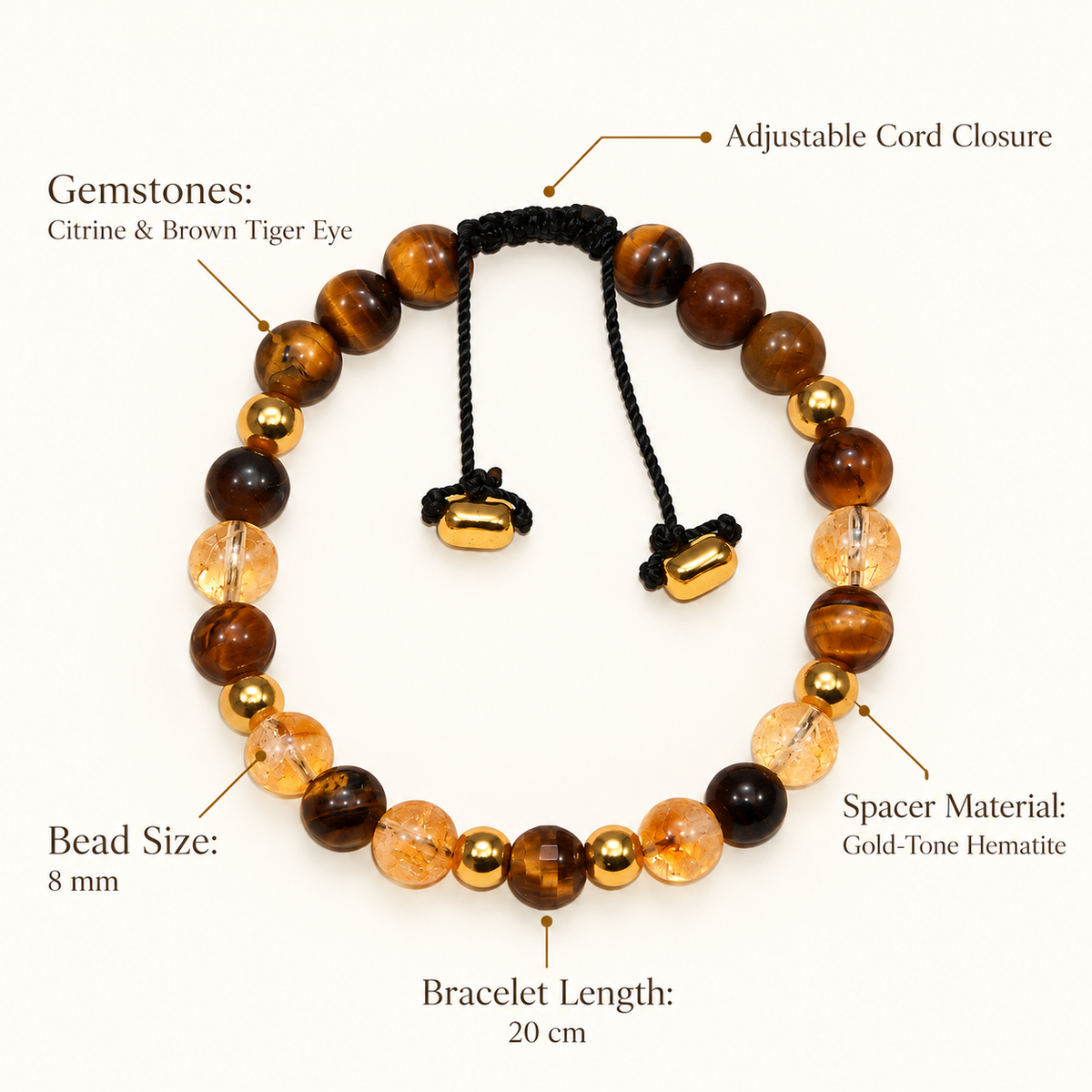 7agat Citrine and Brown Tiger Eye bracelet specifications showing 8 mm beads and 20 cm length