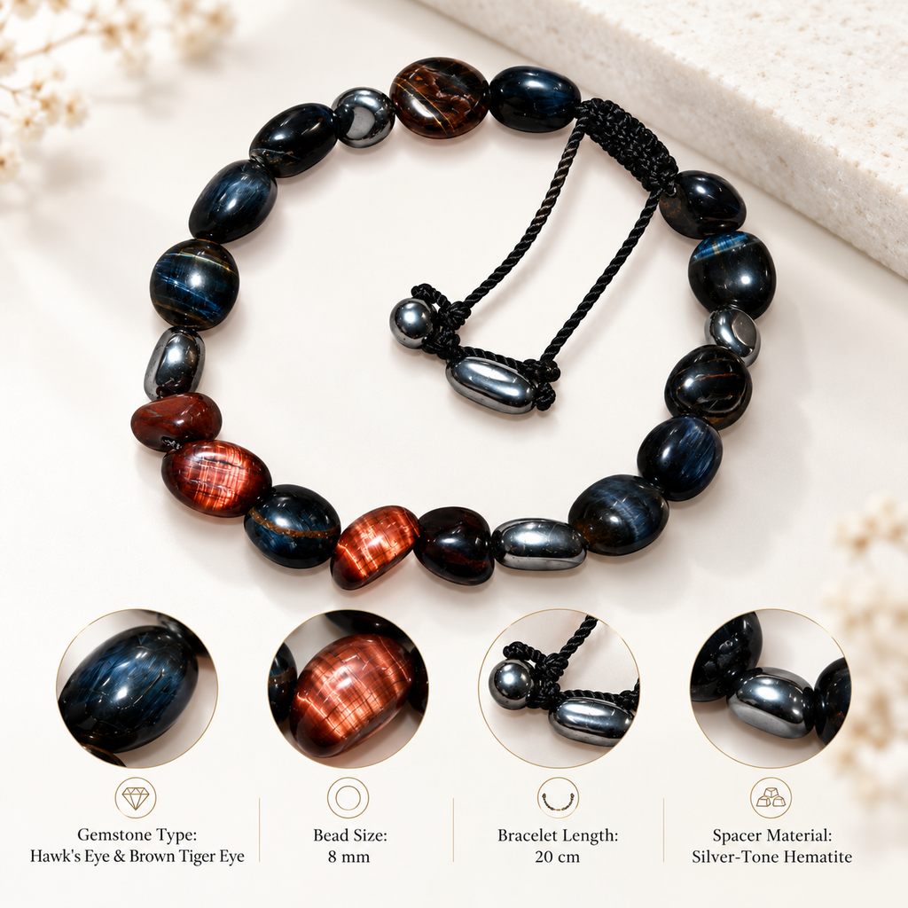 7agat Hawk's Eye and Brown Tiger Eye bracelet materials showing 8 mm beads and 20 cm length.