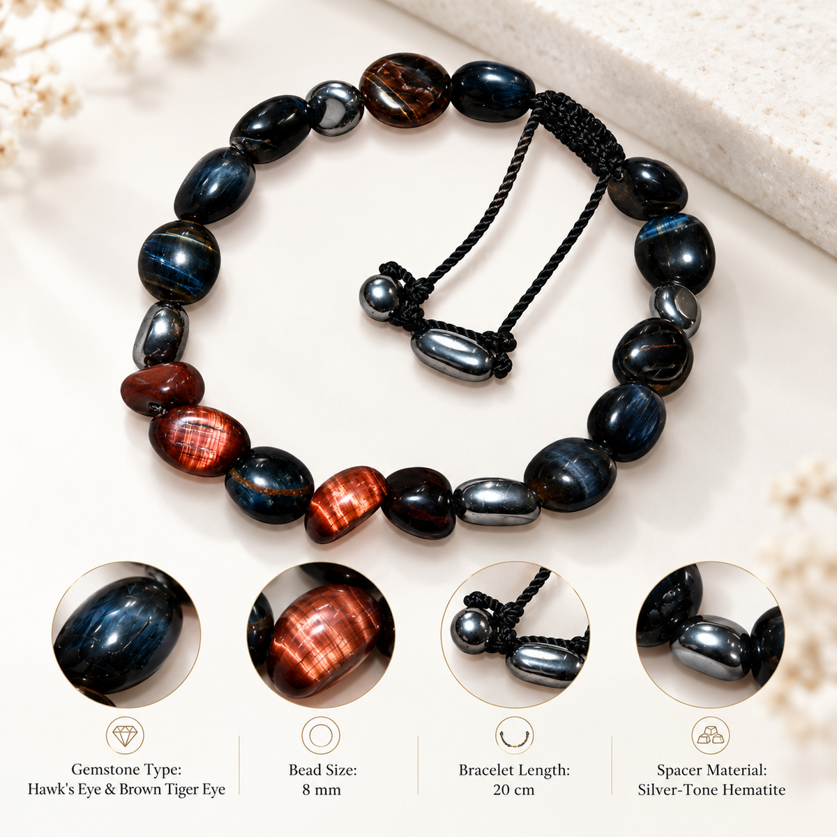 7agat Hawk's Eye and Brown Tiger Eye bracelet materials showing 8 mm beads and 20 cm length.