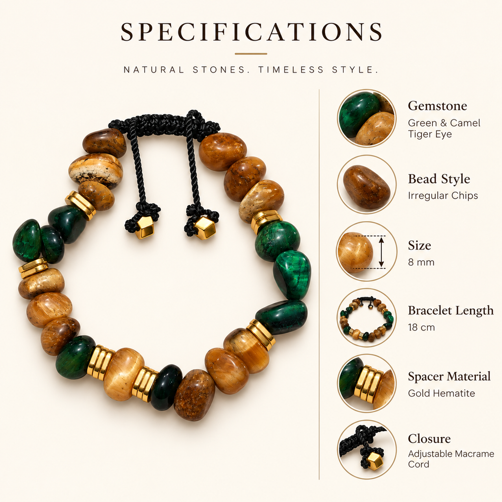 7agat green and camel Tiger Eye bracelet showing 8 mm irregular beads, gold-tone hematite spacers and 18 cm length.