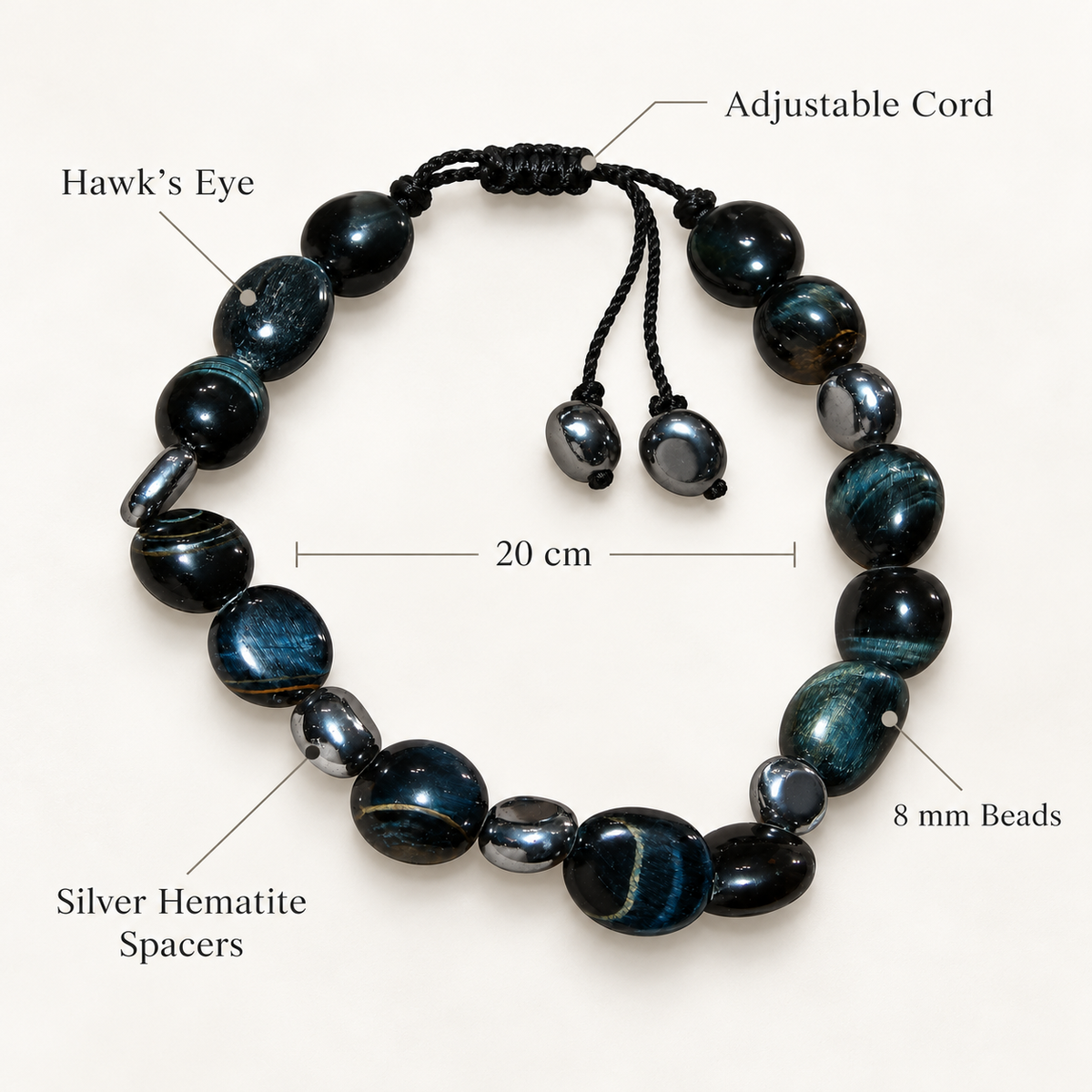 7agat Hawk's Eye bracelet showing 8 mm irregular beads, silver-tone hematite spacers and 20 cm length