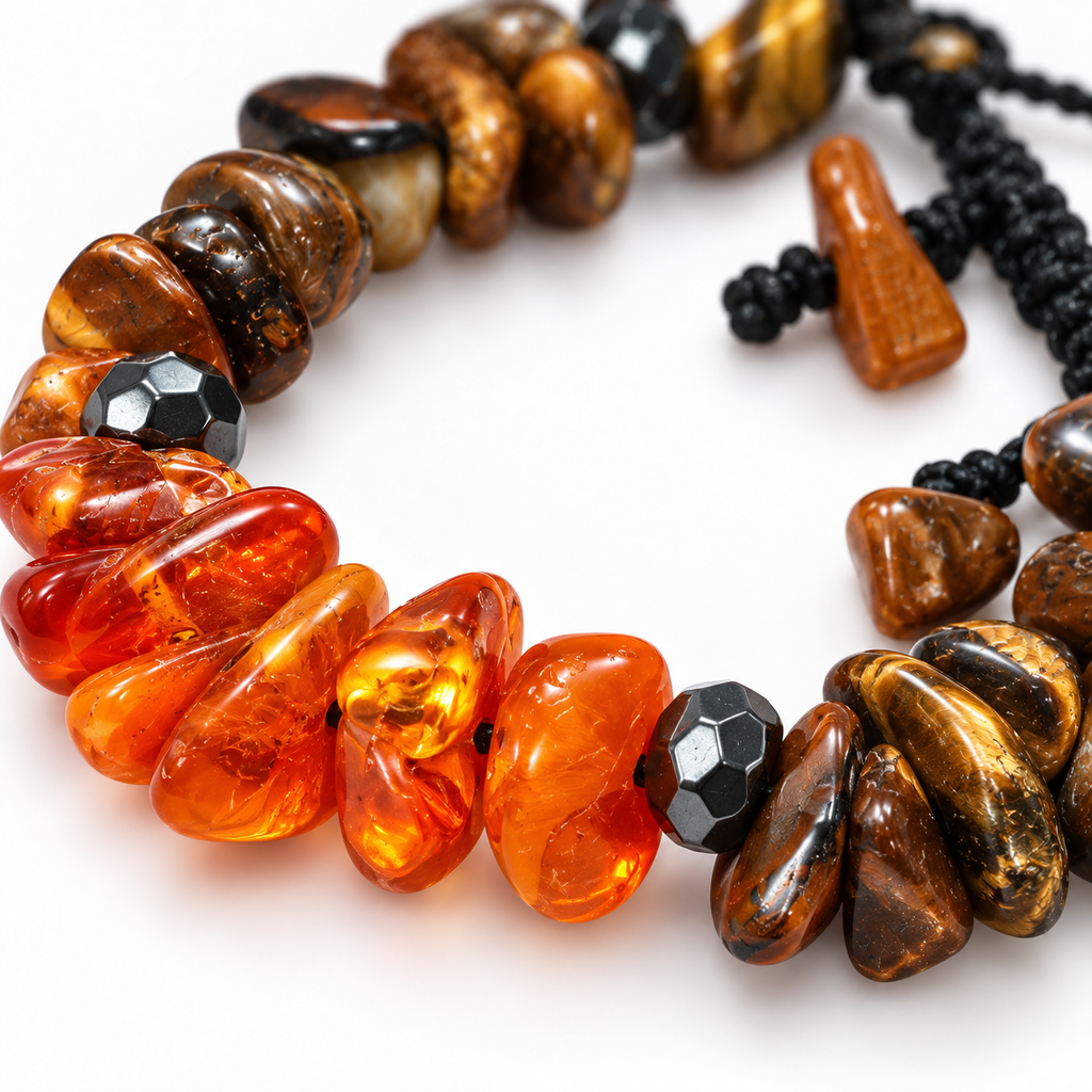 7agat macro close-up of golden brown Tiger Eye gemstones, orange amber chips and dark hematite spacers