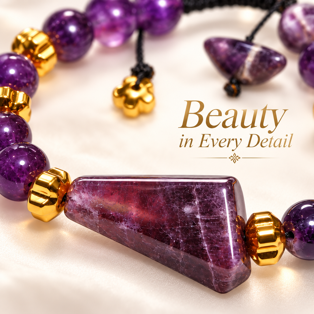 7agat close-up of amethyst pyramid centerpiece and gold-tone hematite spacers.